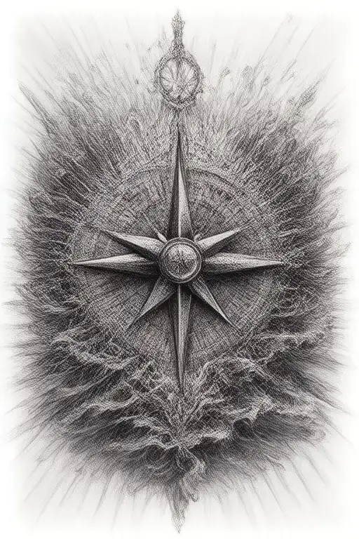 A Detailed Compass Rose Surrounded By Flowing Water And Sun Rays Representing Guidance And Strength