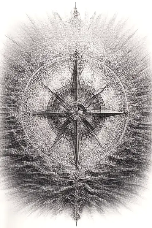A Detailed Compass Rose Surrounded By Flowing Water And Sun Rays Representing Guidance And Strength
