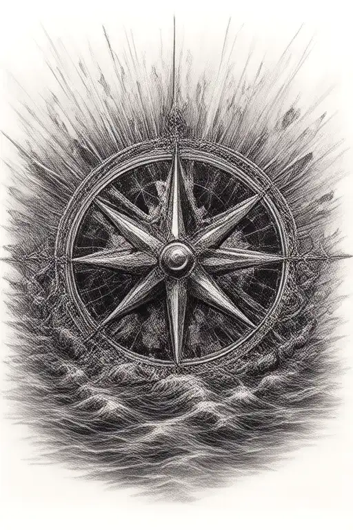 A Detailed Compass Rose Surrounded By Flowing Water And Sun Rays Representing Guidance And Strength