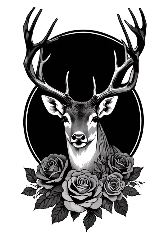 Deer Head And All Around Roses Blooming