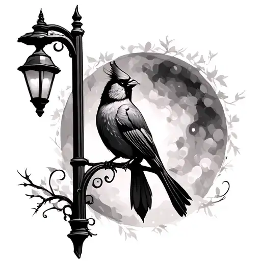Cardinal Sitting On A Light Post With A Lamp Hanging Down