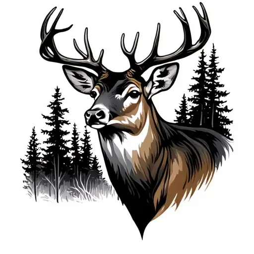 Whitetail Deer Head With Trees