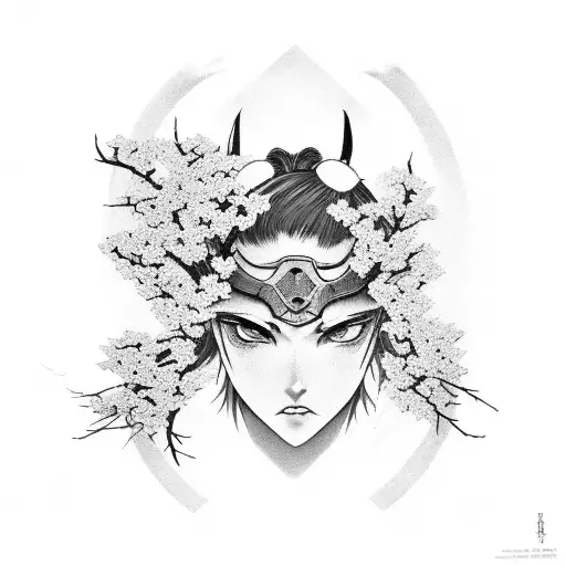 Half Angel Half Devil Samurai With Cherry Blossom Tree