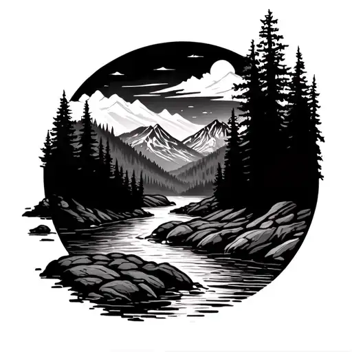 Winding River With A Forest On The Right Side And Mountains In The Background