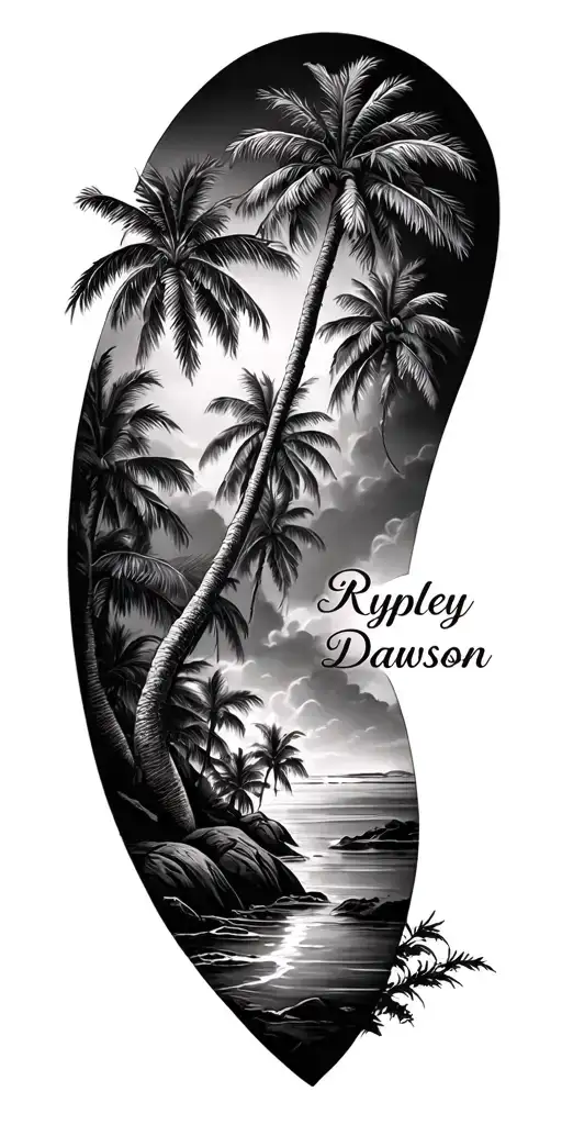 Make A Tattoo With Two Names Rypley And Dawson And Incorporate Palm Trees