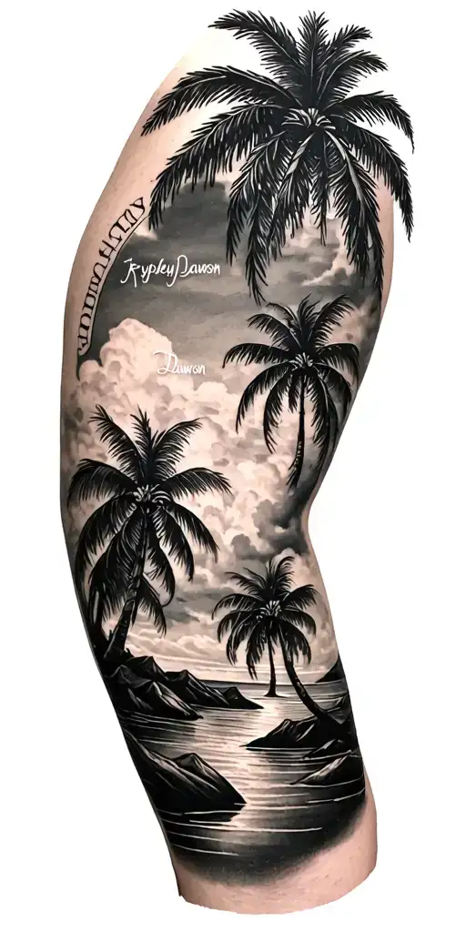 Make A Tattoo With Two Names Rypley And Dawson Down The Whole Arm And Incorporate Palm Trees