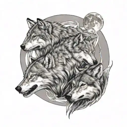 2 Wolves And 3 Cubs And The Full Moon Above