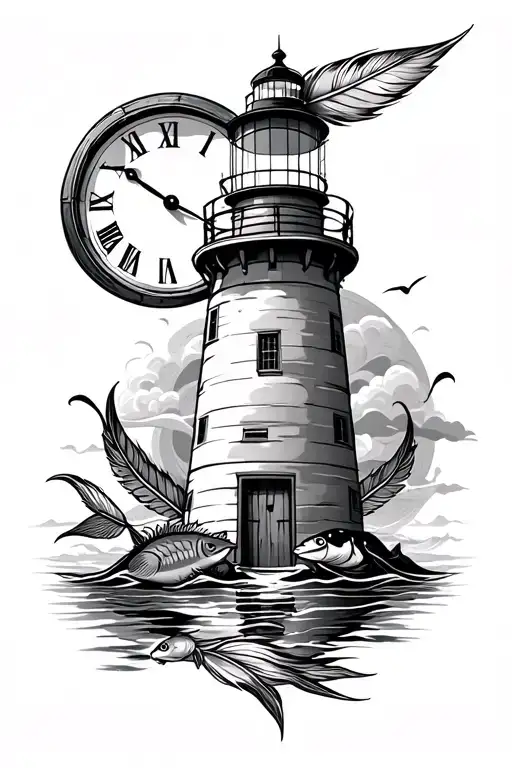 Lighthouse With Clock Indian Feather And Fish