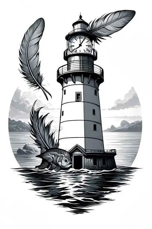 Lighthouse With Clock Indian Feather And Fish