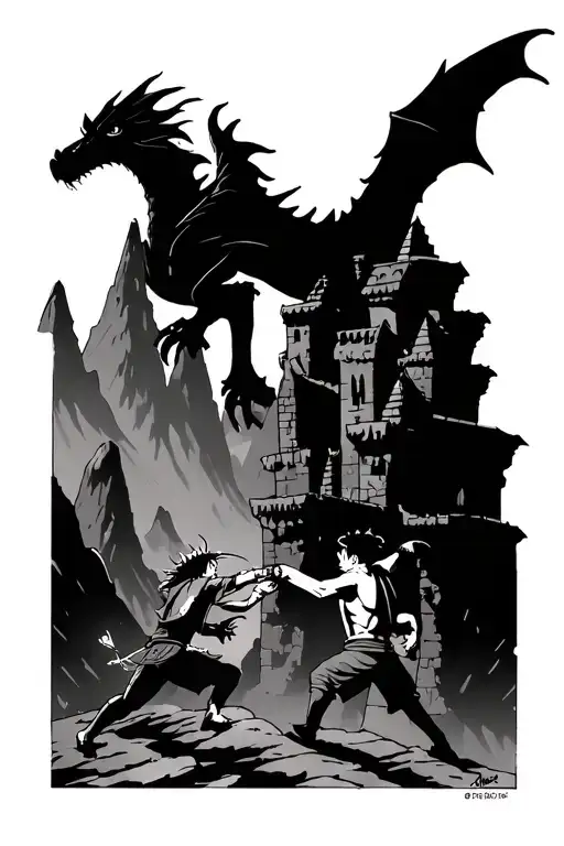 Medieval Castle Overlooking Mountains With Dragon Fighting Luffy And Zoro From One Piece