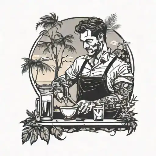 A Silhouette Of A Bartender Mixing Drinks With Elements Of Nature Surrounding Them