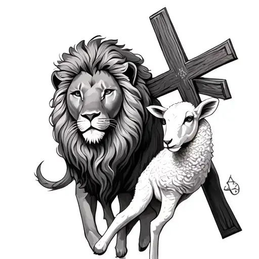 Lion And Lamb With A Cross