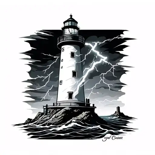 A Tattoo Featuring A Combination Of A Lighthouse And An Electric Bolt