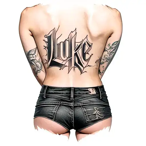 A Tattoo Of The Word Luke On A Girl's Back Just Above A Miniskirt
