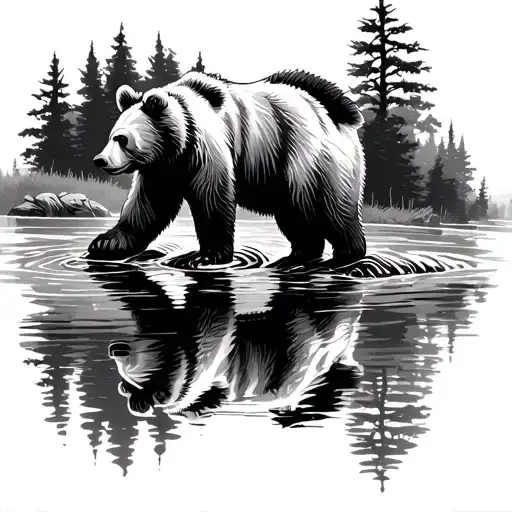 River Reflection Cub Looking Into A River With Reflection Being A Full Grown Bear