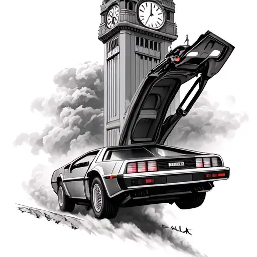 Back To The Future Delorean With Clock Tower Flying Through Time