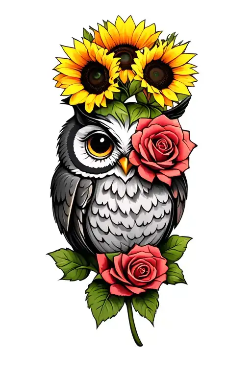 Owl Roses And Sunflowers Cartoon Character