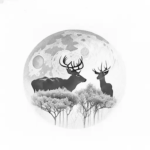 Foggy Alpine Valley With Deer Silhouette In Middle Looking Up At Moon