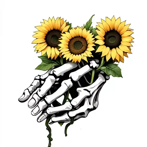 Skeleton Hand Holding Human Hand With Sunflowers