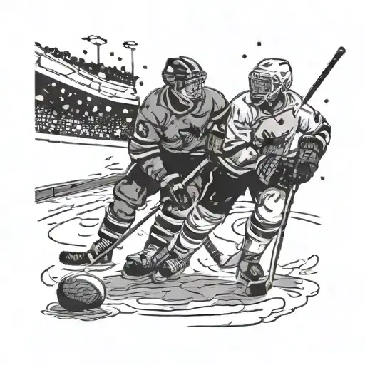 Create A Tattoo Featuring A Hockey Player And A Football Player Facing Off Under A Starry Night Sky