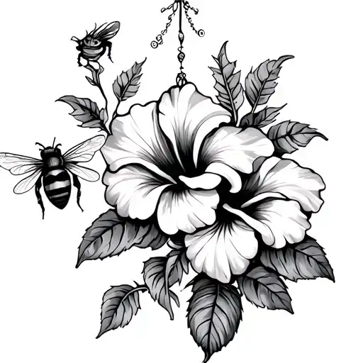 A Hanging Hibiscus Flowers And A Bee And A Little Dragon In It And A Little Rose In Is