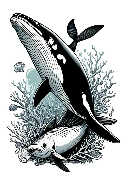 A Whale Diving And A Raya And In A Background Some Coral And Shells