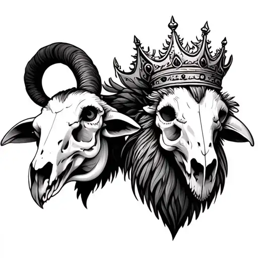 Two Goat Skull Head And Rooster Wearing A Crown