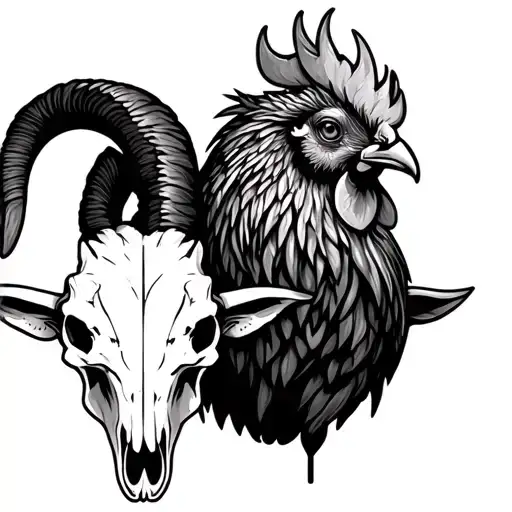 Two Goat Skull And Rooster Behind
