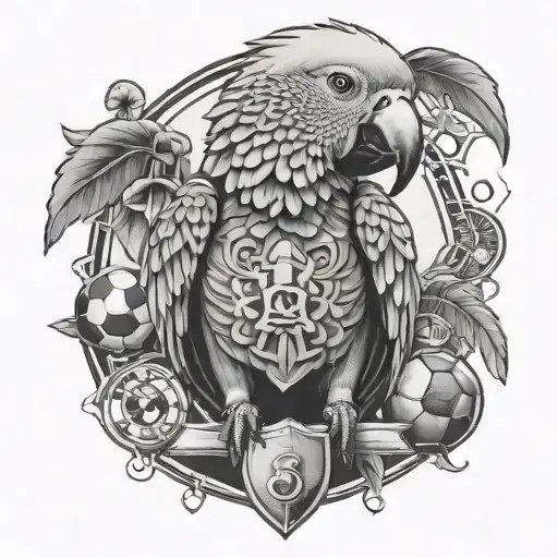 An Intricate Tattoo Of A Parrot Wearing A Soccer Jersey With A Money Bag In Its Beak