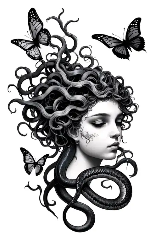 Medusa With Snake Hair And Butterflies Surrounding