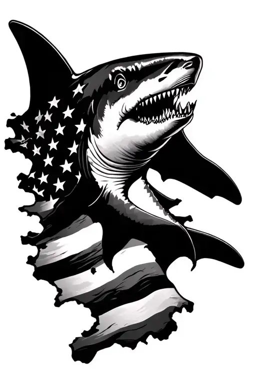 Black And White Tattered American Flag With A Shark Silhouette Through It