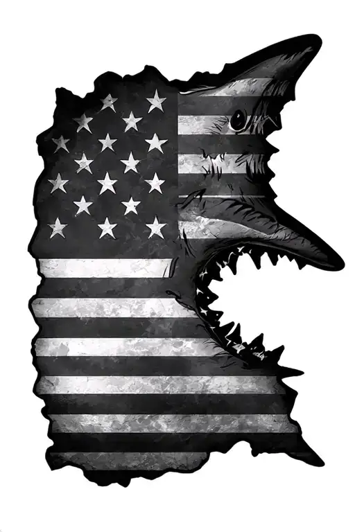 Black And White Tattered American Flag With A Shark Outline Through It