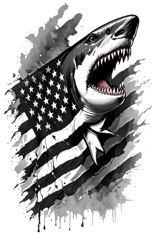 Black And White Tattered American Flag With A Shark Outline Over Top It