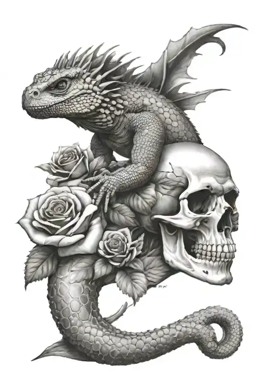 Skull And Roses With Bearded Dragon Forearm Sleeve
