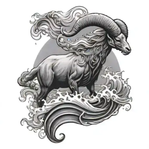 A Majestic Sea Goat Emerging From The Waves In Black-grey Realism