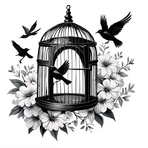Bird Cage With Flowers Door Open Three Birds Flying Away