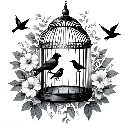 Bird Cage With Flowers Door Open Three Birds Flying Away