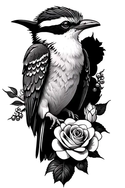 Kookaburra With Roses And Wattle Flowers Forming