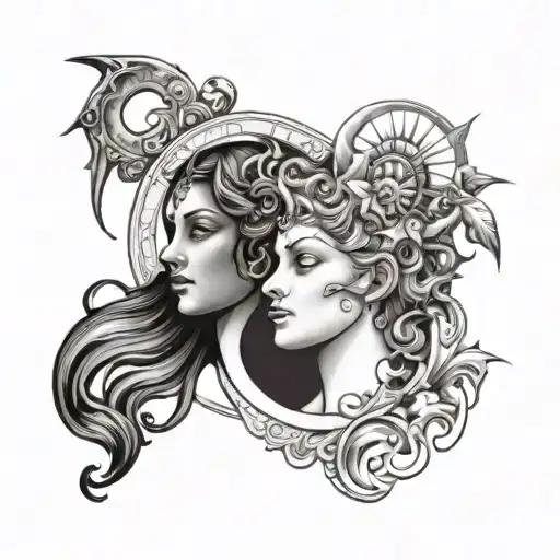 A Sun And Moon Design Incorporating Greek Mythology Elements Like Apollo And Artemis