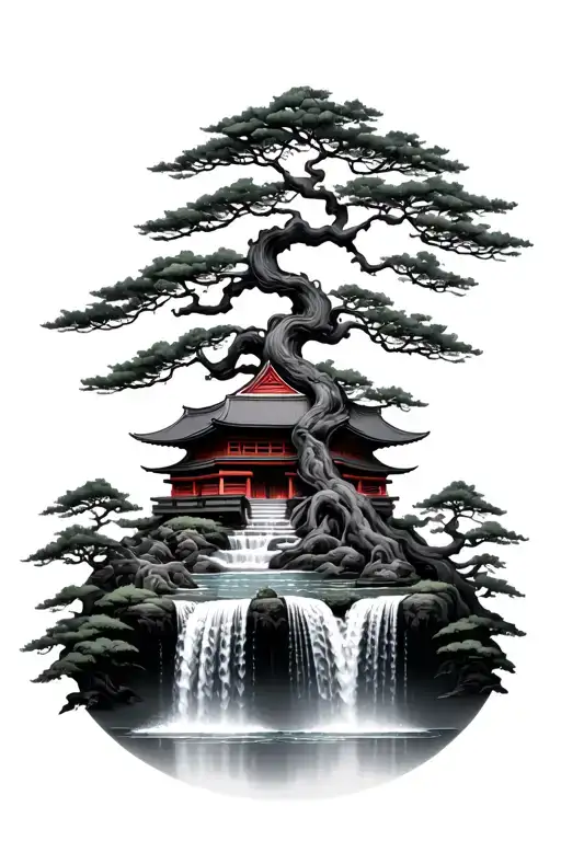 Japanese Bonsai Tree Tall Temple Overgrown Waterfall Surrounded