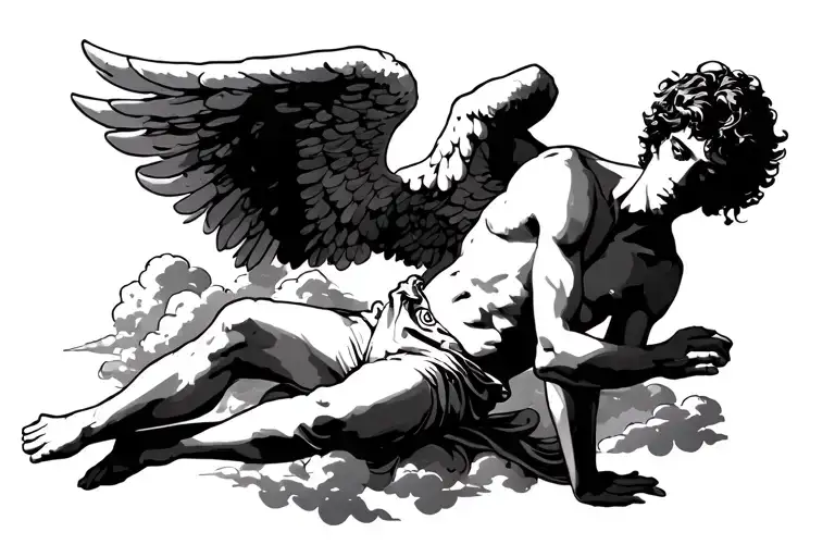 Young Male Angel Leaning On Clouds With One Arm Forward