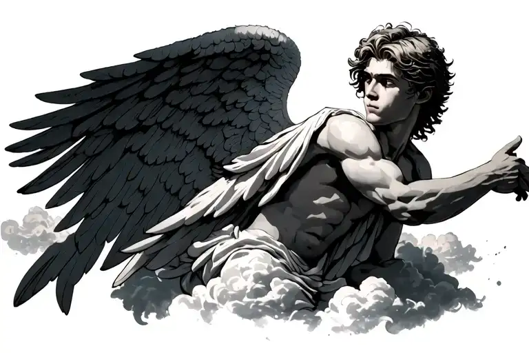 Young Male Angel Leaning On Clouds With One Arm Forward