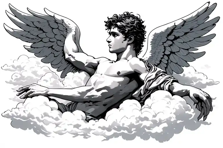 Young Male Angel Leaning On Clouds With One Arm Forward