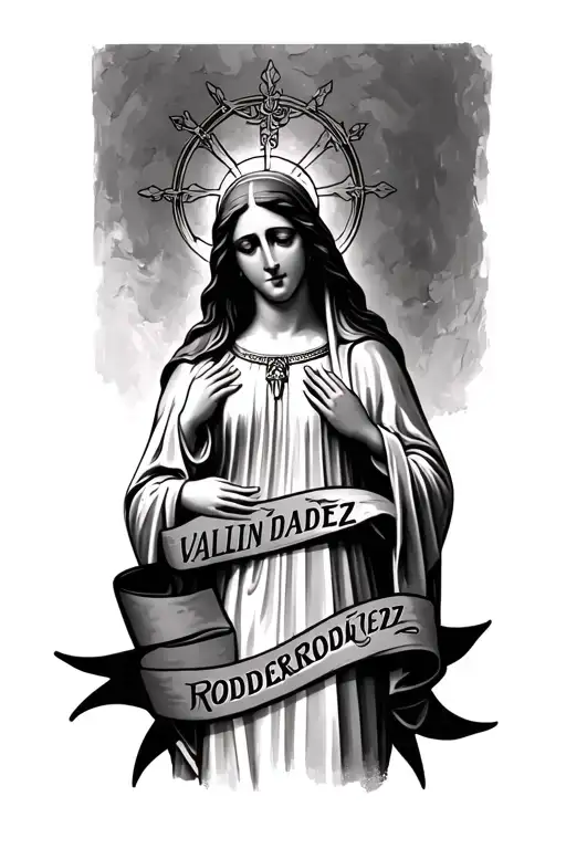 Virgin Mary With 2 Ribbons Across Her Lower Body Sayin Valdez On One And Rodriguez On The Other