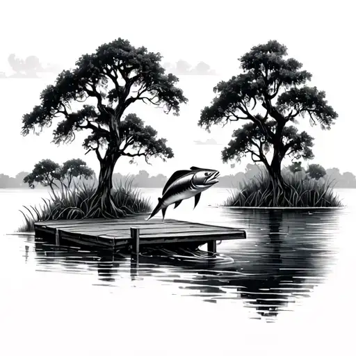 Louisiana Bayou With Mossy Trees With A Dock And A Porcelain Fin Coming Out Of The Water