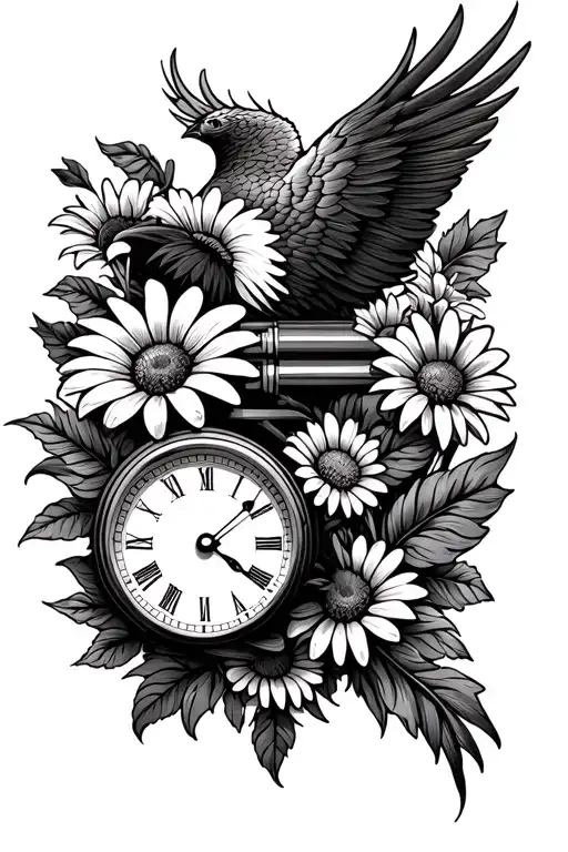 Car Pistons With Clock Hands And Daisys And Phoenix Flower