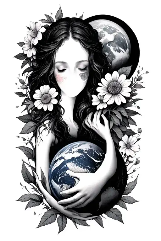 Gaia Holding The World And Flowers Blooming