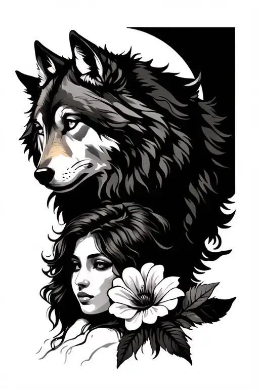 Wolf With Woman And Two Flowers