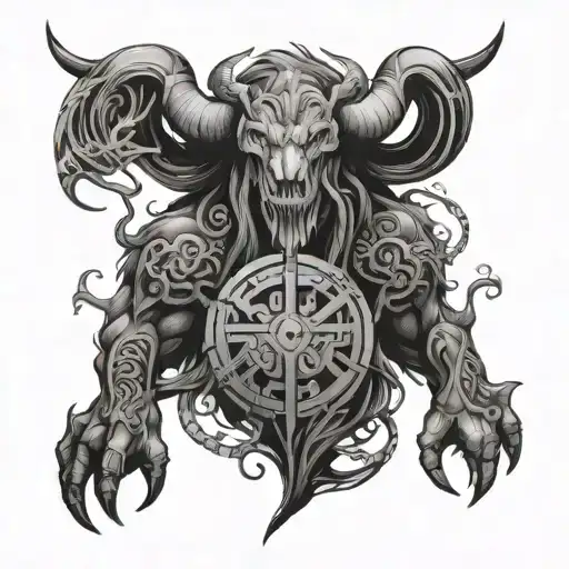 Incorporate Sport Symbols Into A Black And Grey Tattoo Design Of Norse Mythology Creatures