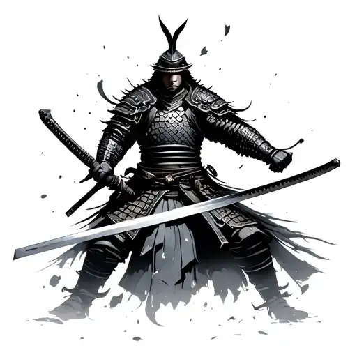 Samurai Warrior Realistic With Lost Armour Holding A Sword - Silhouette Style
